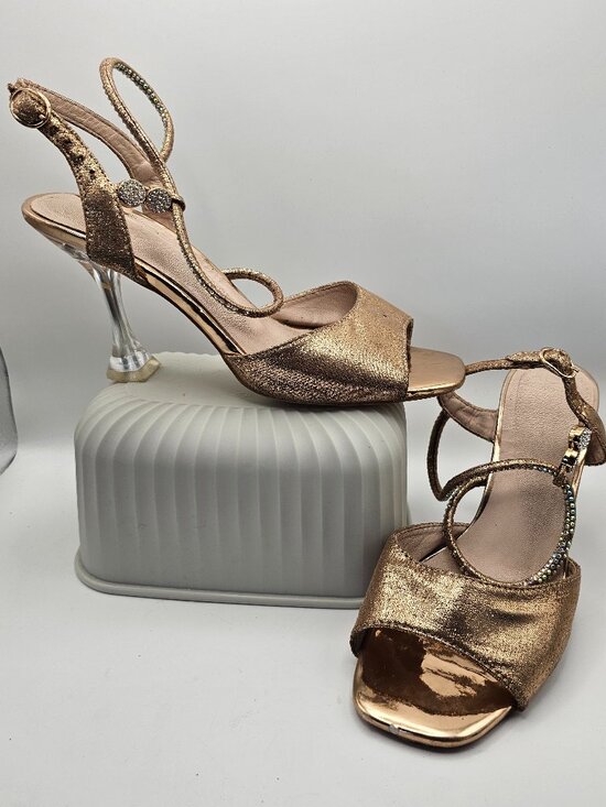 Patrizia Shoes - Patrizia by Spring Step “Tioanna” Rose Gold Rhinestone Clear‑Heel Sandals, Sz 6